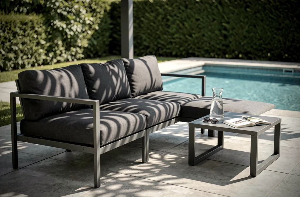 Espace détente moderne avec canapé d'angle gris anthracite près d'une piscine sous une pergola
