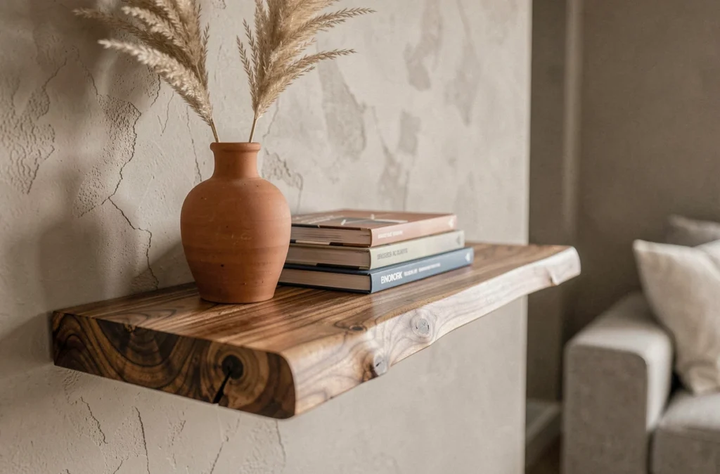 Étagère en bois de noyer brut avec objets décoratifs dans un séjour moderne au mur en plâtre texturé