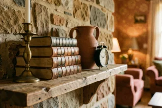 Étagère en chêne vintage avec bougeoir en laiton, livres anciens et carafe en céramique pour une décoration authentique
