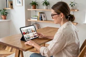 Femme utilisant une application IA de home design sur tablette dans un bureau scandinave moderne