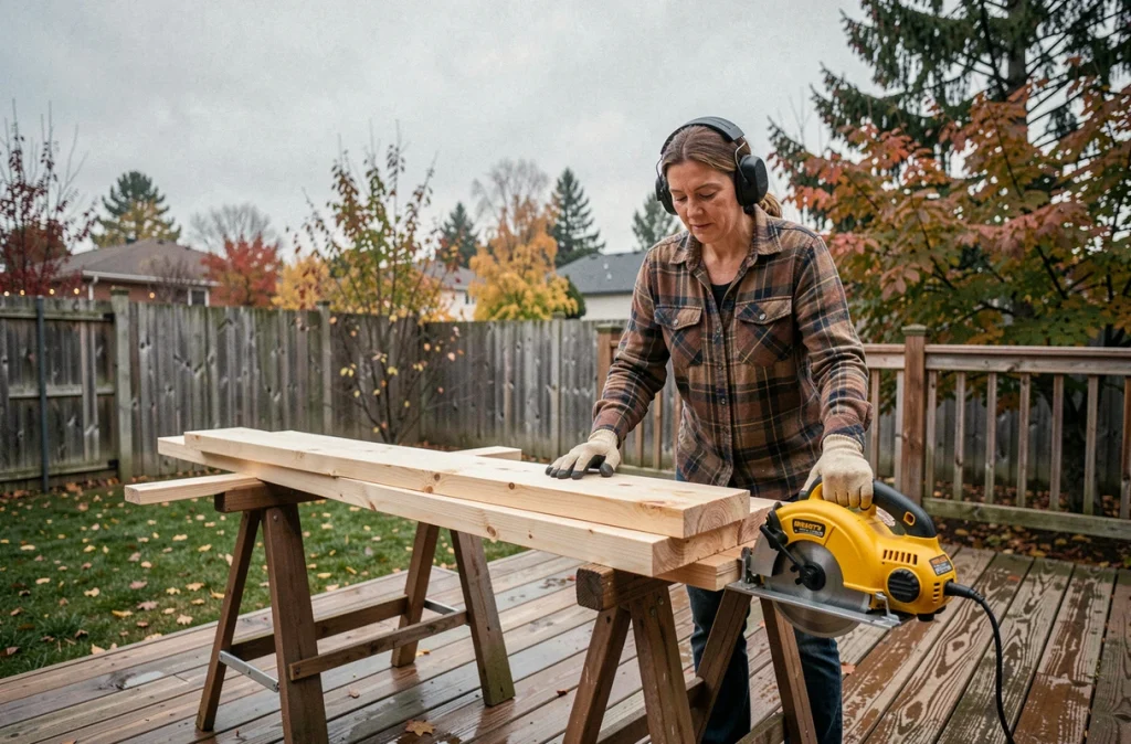 Femme bricolant en extérieur avec une scie circulaire Parkside LIDL pour couper des planches en bois