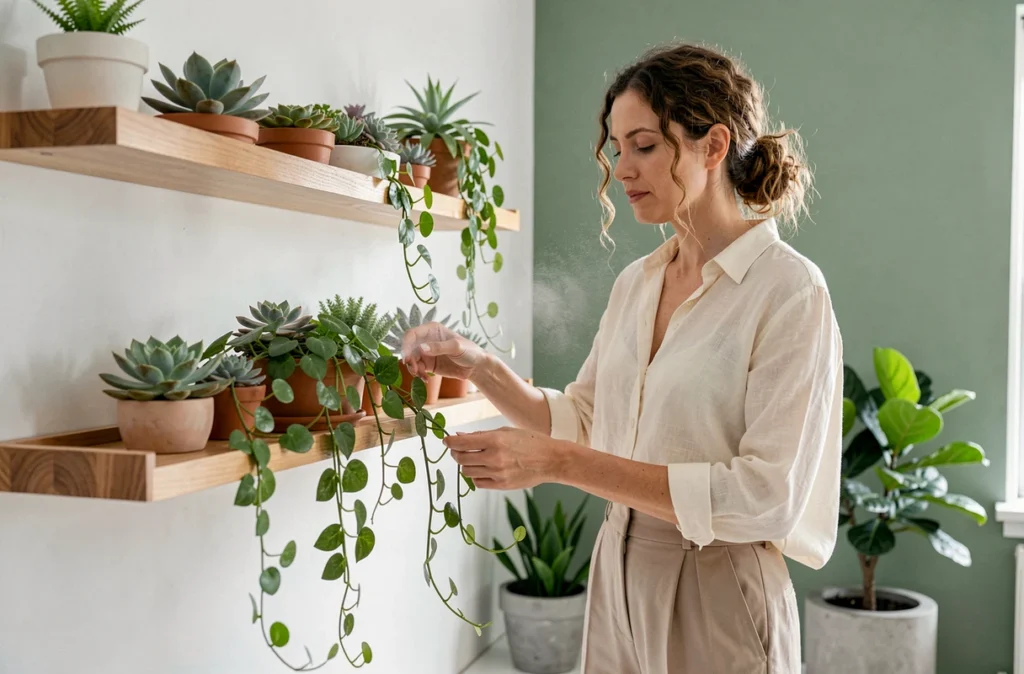 Femme arrosant ses plantes vertes sur des étagères en bois dans un salon scandinave aux tons naturels