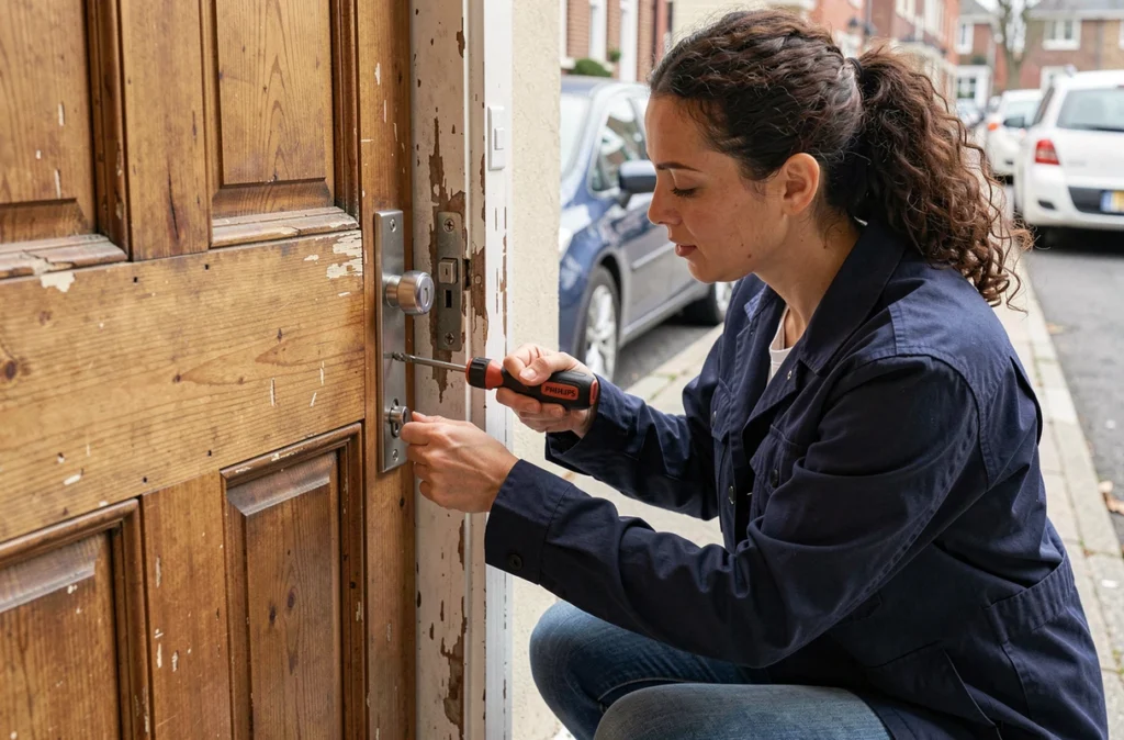 Femme installant une nouvelle gâche de serrure sur une porte d'entrée en bois avant emménagement