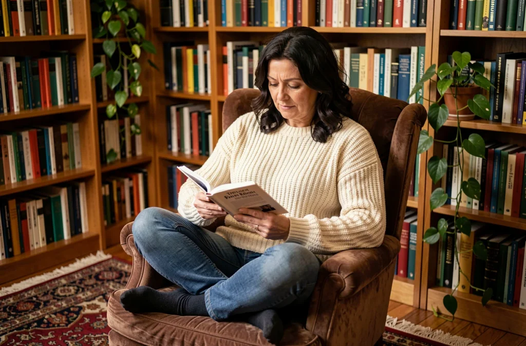 Femme lisant un livre dans un fauteuil confortable entouré de bibliothèques en bois dans une bibliothèque personnelle à domicile