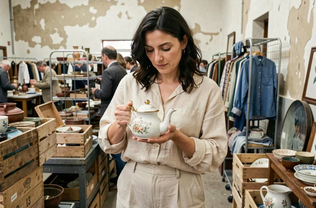 Femme tenant une cafetière en émail ancienne dans un marché aux puces, à la recherche d'objets vintage authentiques