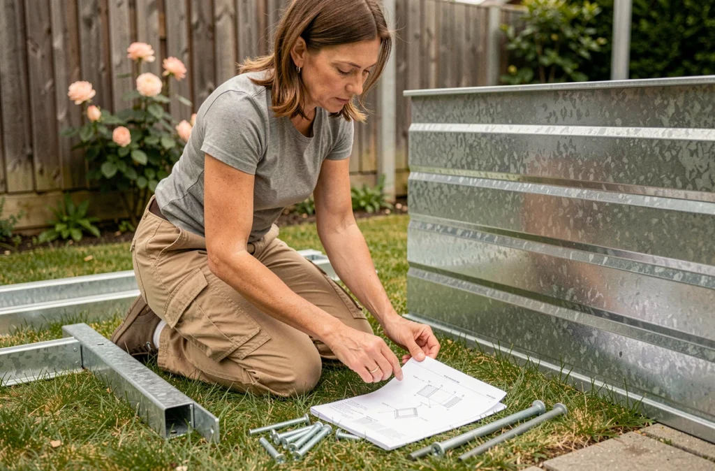 Femme consultant le manuel d'instructions pour l'installation d'un abri de jardin métallique préfabriqué dans un jardin résidentiel