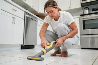 Femme utilisant un nettoyeur vapeur Lidl sur le carrelage de sa cuisine avec une expression dubitative