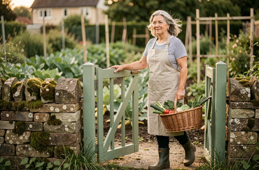 Femme ouvrant un portillon vert en métal pour entrer dans son potager avec un panier de légumes récoltés