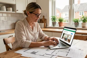 Femme consultant un site d'informations pour projet de rénovation maison sur laptop dans une cuisine moderne