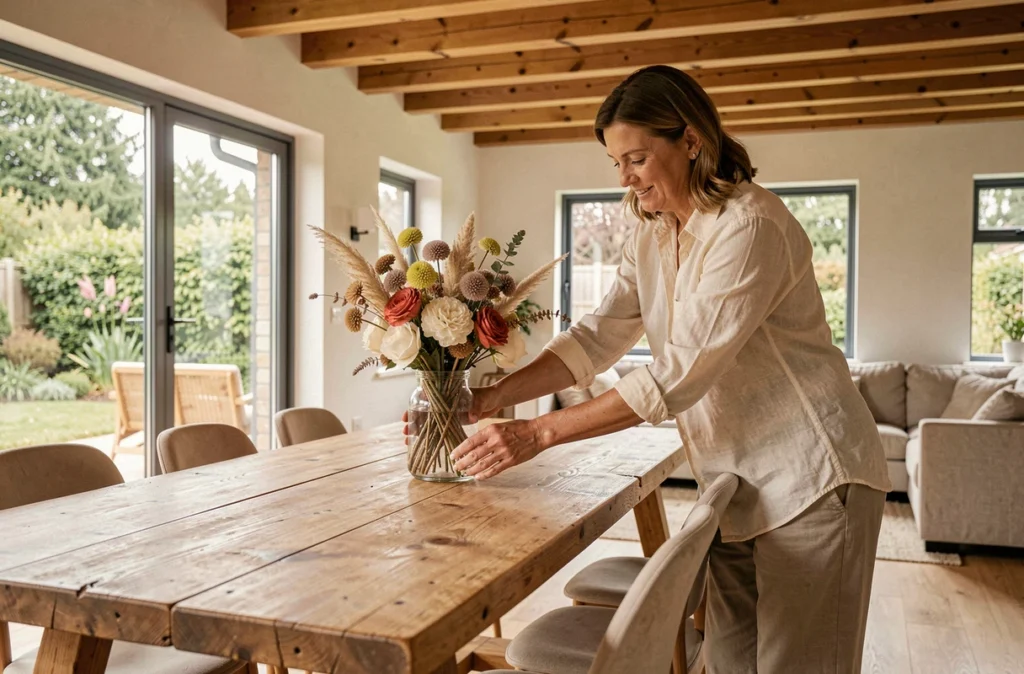 Femme arrangeant une décoration florale sur une grande table en bois brut de pin dans un séjour contemporain ouvert