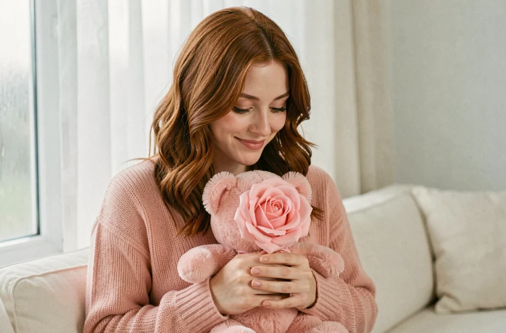 Jeune femme tenant un ourson fait de roses roses dans ses mains avec un sourire doux, ambiance romantique pour un anniversaire