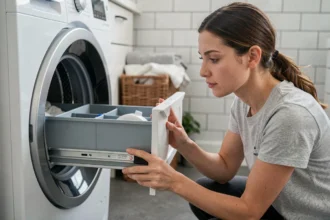 Femme examinant le tiroir à lessive d'une machine à laver neuve dans une buanderie moderne