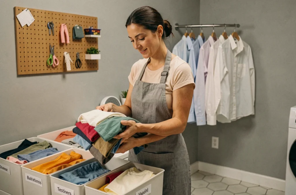 Femme triant le linge dans une buanderie moderne avec tableau perforé et bacs de tri colorés étiquetés