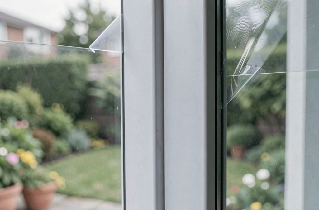Gros plan sur un vitrage sécurisé avec film anti-effraction appliqué sur une baie vitrée de maison