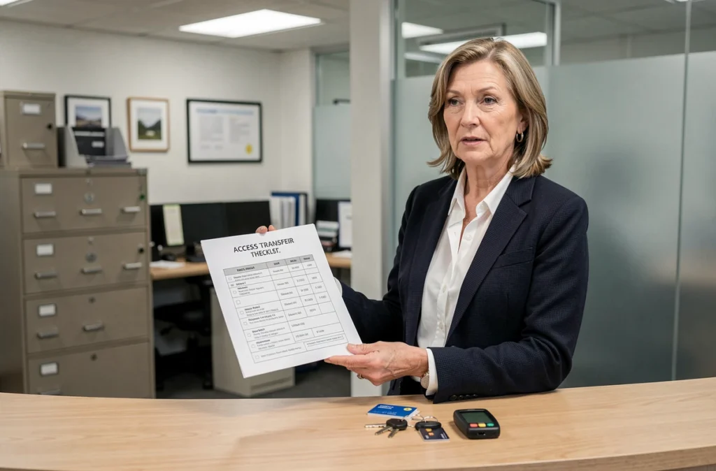 Gestionnaire d'immeuble présentant un checklist de transfert d'accès avec badges et clés au comptoir d'un bureau de gestion