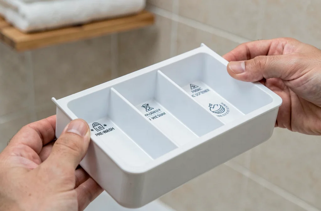 Gros plan du tiroir à lessive sorti avec ses trois compartiments visibles sur une machine neuve