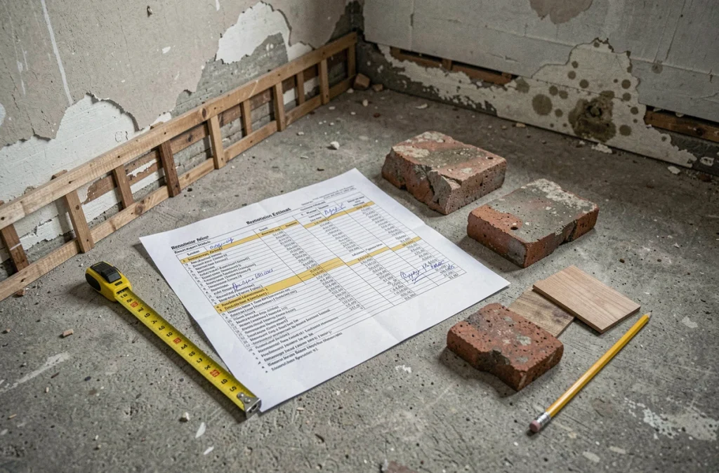 Gros plan sur un devis de rénovation posé au sol avec des échantillons de matériaux dans une maison ancienne