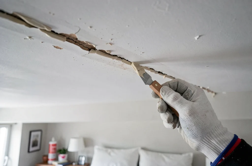 Gros plan sur une fissure de plafond en cours de réparation avec une spatule coudée et de l'enduit de rebouchage