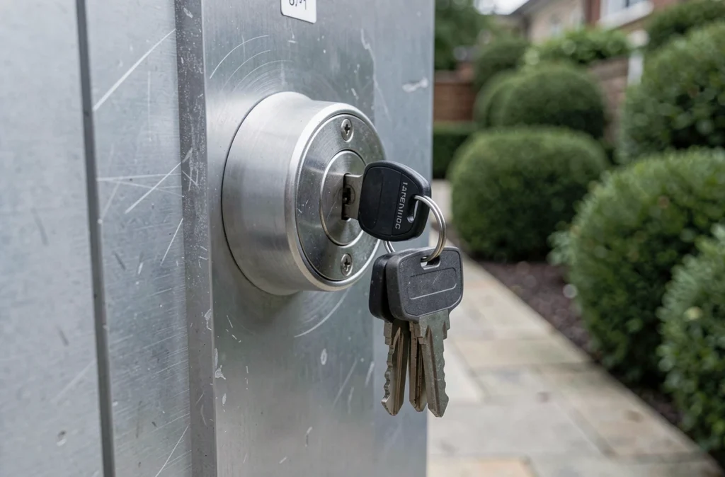 Gros plan sur une serrure à cylindre haute sécurité intégrée dans un portail de jardin en aluminium