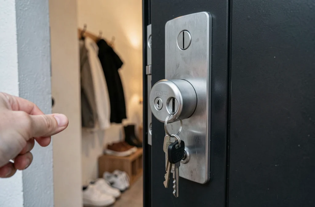 Gros plan sur une serrure de porte moderne avec des clés insérées, symbolisant la vérification de sécurité avant de partir