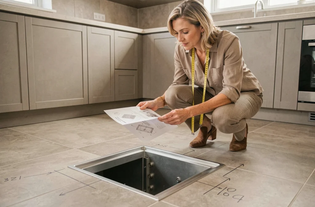 Femme consultant un guide d'installation devant un coffre fort scellé au sol dans une cuisine moderne