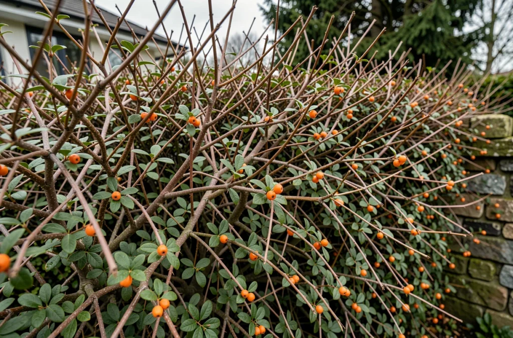 Haie épineuse d'aubépine et pyracantha formant une barrière naturelle discrète contre les intrusions au jardin