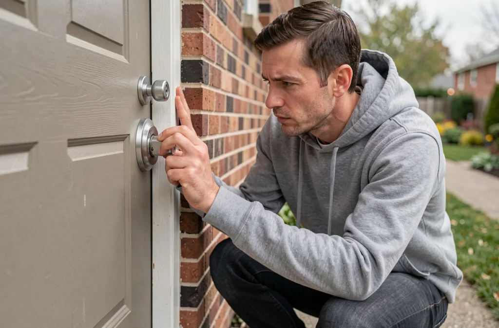 Homme inspectant attentivement la serrure de sa porte d'entrée avant de quitter son domicile