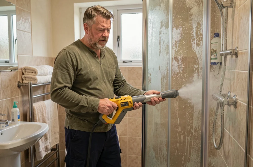 Homme nettoyant le calcaire d'une cabine de douche avec un nettoyeur vapeur Lidl dans une salle de bain
