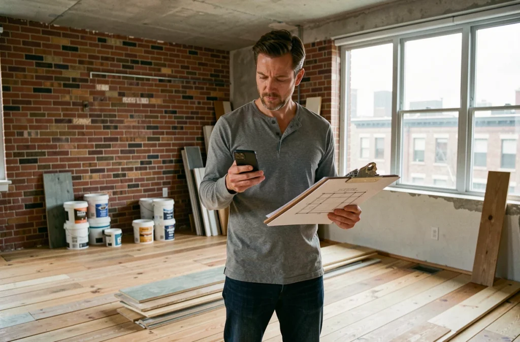 Homme consultant son smartphone pour un projet de rénovation dans un appartement en travaux