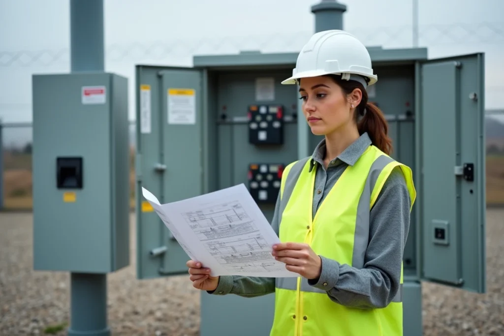 Ingénieure électricienne consultant un schéma de câblage devant un coffret de distribution triphasé extérieur avec disjoncteurs