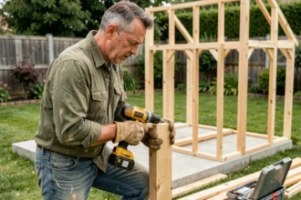 Homme assemblant les panneaux en bois d'un abri de jardin en construction sur une dalle de béton dans un jardin