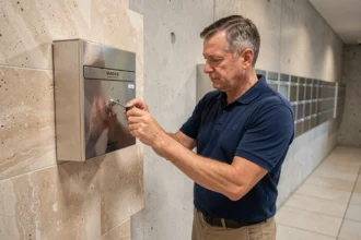 Homme installant une boîte aux lettres normalisée en acier inoxydable dans le couloir d'une copropriété