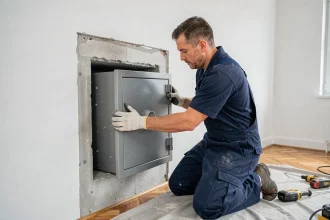 Installateur professionnel positionnant un coffre fort scellé dans une niche murale en béton dans un bureau à domicile