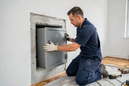 Installateur professionnel positionnant un coffre fort scellé dans une niche murale en béton dans un bureau à domicile