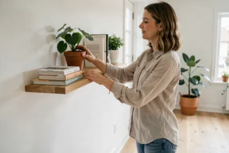 Femme installant une étagère murale en bois dans un salon de style scandinave