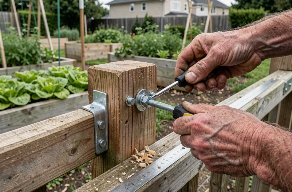 Installation d'un loquet en bois sur un portillon de potager avec outils et détails de fixation en gros plan
