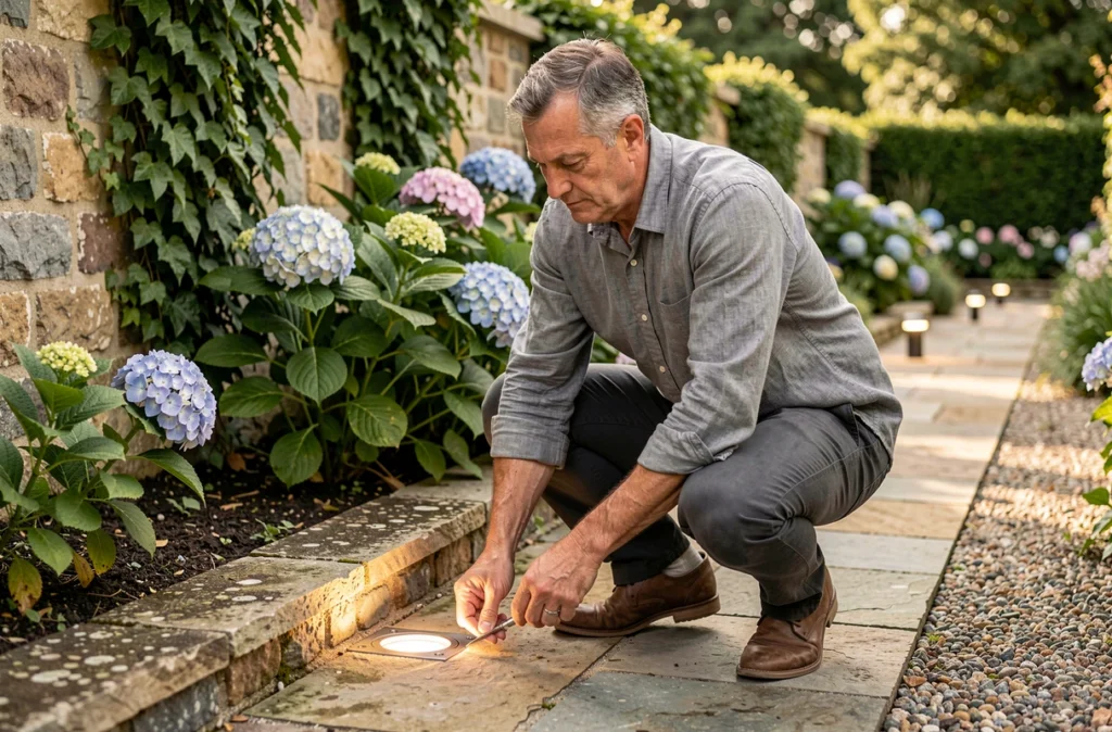 Homme installant un luminaire encastré sur une allée en pierre dans un jardin classique