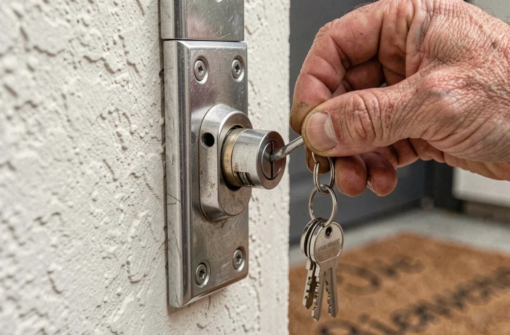 Gros plan sur l'installation d'un nouveau barillet dans une porte blindée lors d'un changement de serrure