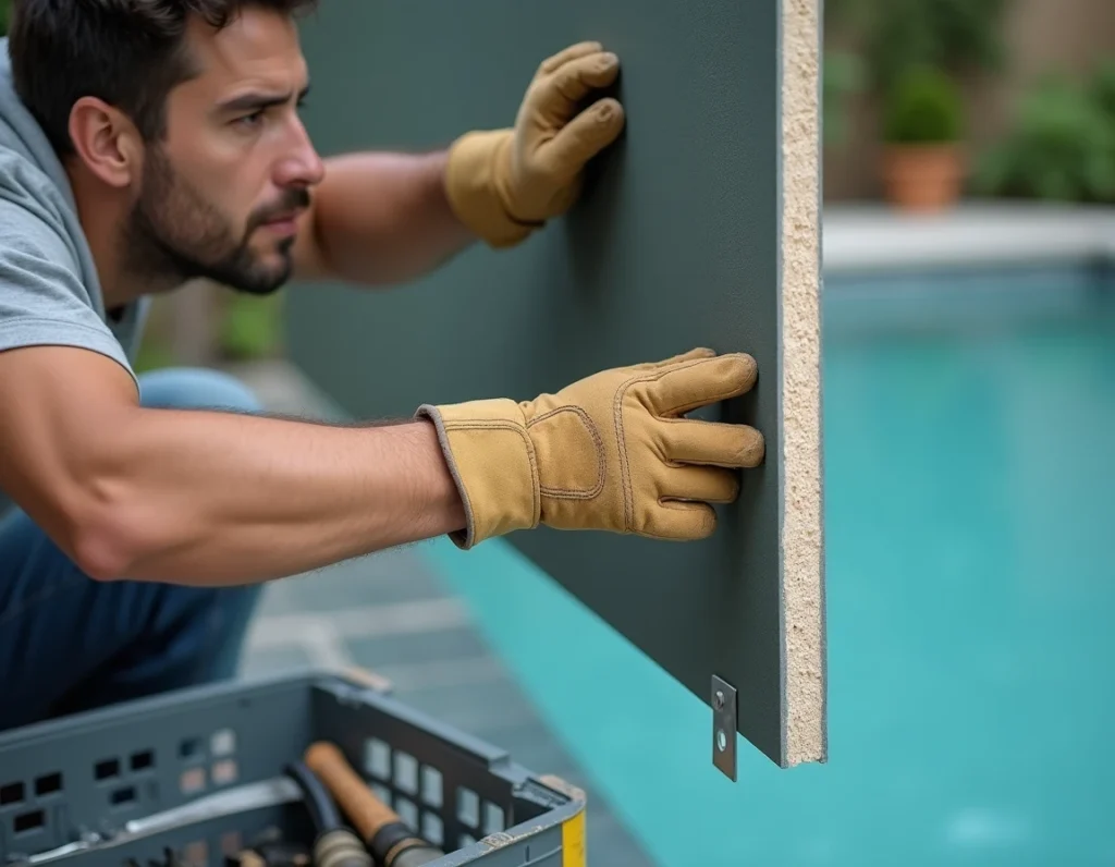 Installation d'un panneau acoustique sur un mur de jardin en bord de piscine pour réduire les nuisances sonores chez soi