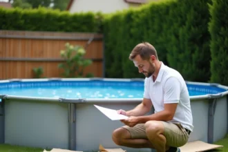 Homme installant une piscine hors-sol en suivant les instructions dans un jardin résidentiel