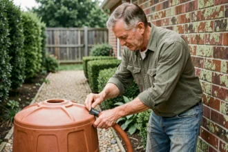 Homme installant un récupérateur d'eau de pluie relié à une gouttière dans un jardin de maison individuelle