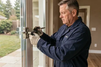 Technicien installant une barre de sécurité multipoint sur une baie vitrée coulissante pour protéger contre l'effraction