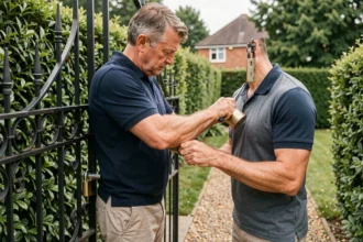 Homme installant un cadenas robuste sur un portail de jardin en fer forgé