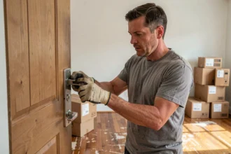 Homme installant un verrou temporaire sur une porte intérieure pendant un déménagement, boîtes de cartons empilées en arrière-plan
