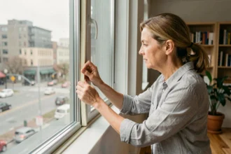 Femme appliquant un joint d'étanchéité adhésif sur le cadre d'une fenêtre à double vitrage pour réduire le bruit extérieur