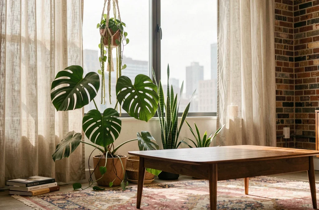 Salon urbain avec grande décoration de plantes vertes tropicales près d'une fenêtre, ambiance jungle urbaine naturelle