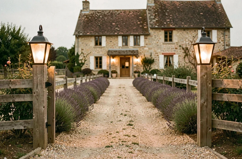 Lanternes de style vintage sur poteaux en bois le long d'une allée de ferme provençale en gravier