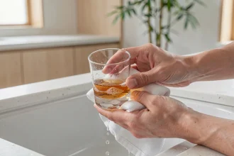 Mains lavant délicatement un verre à whisky japonais en verre cristal au-dessus d'un évier en céramique blanc dans une cuisine minimaliste