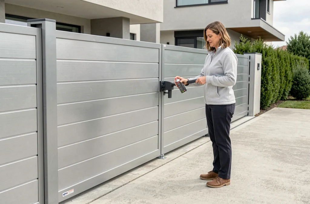 Femme effectuant la lubrification des rails d'un portail coulissant automatisé en aluminium