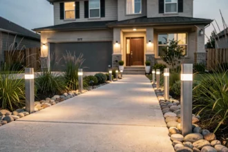 Allée de maison moderne bordée de bornes lumineuses basse tension en inox au crépuscule